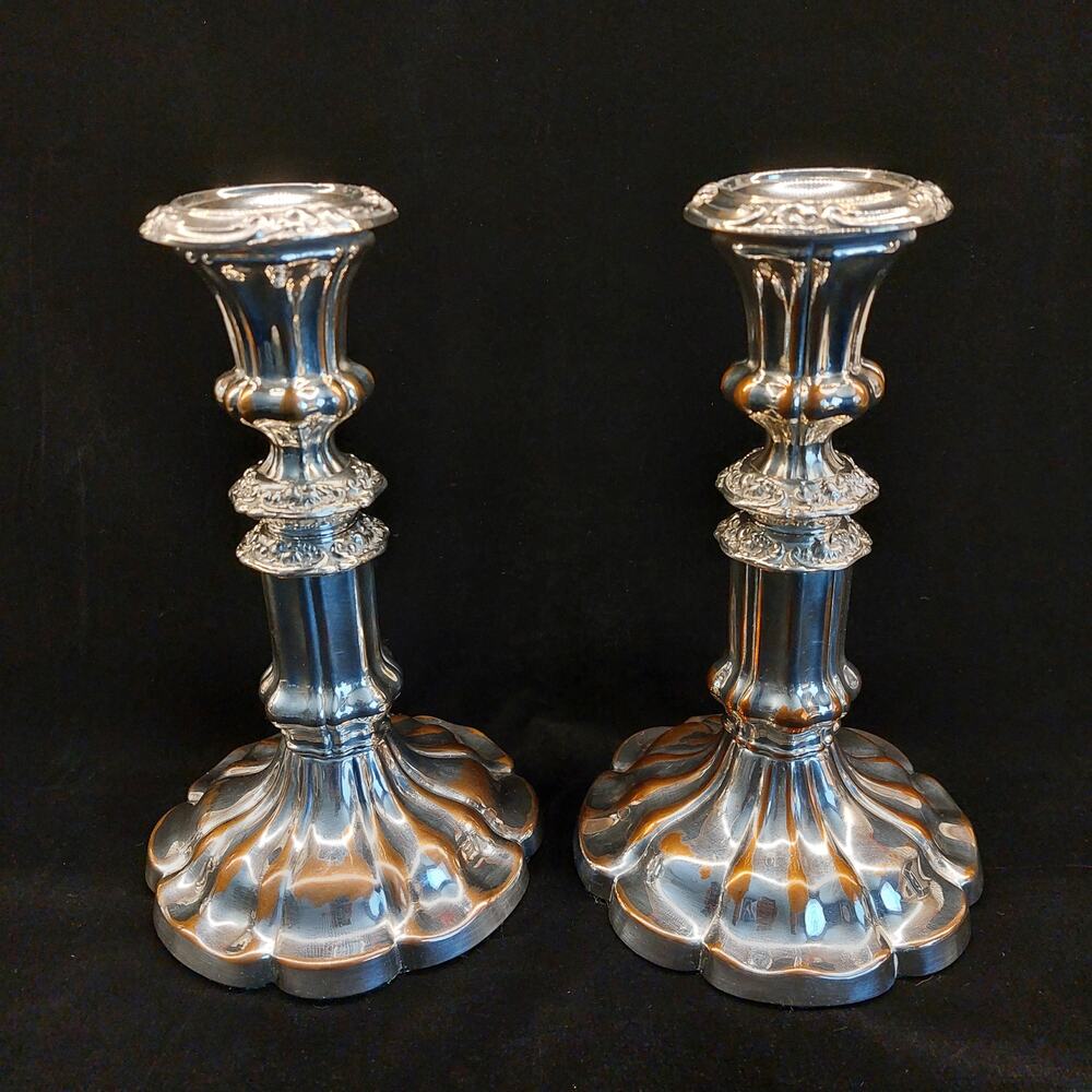 Antique Old Sheffield Plate Telescopic Candlesticks Pair 8.5-10.5" Silver Copper